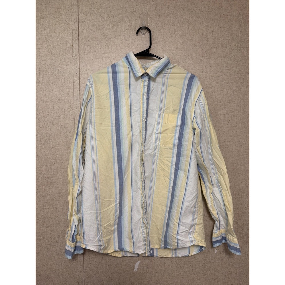 Azur Mens Large Yellow Blue Striped Long Sleeve Button Down Casual Shirt
